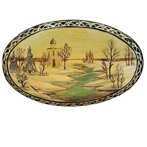 Hand Painted Russian Winter Scene Pin Brooch Wooden Lacquered Vintage